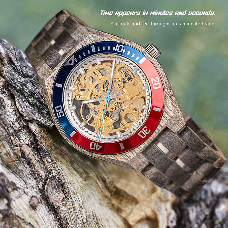 Reloj Mecánico de madera y acero inoxidable para hombre, cronógrafo multifunción, resistente a los arañazos, regalo