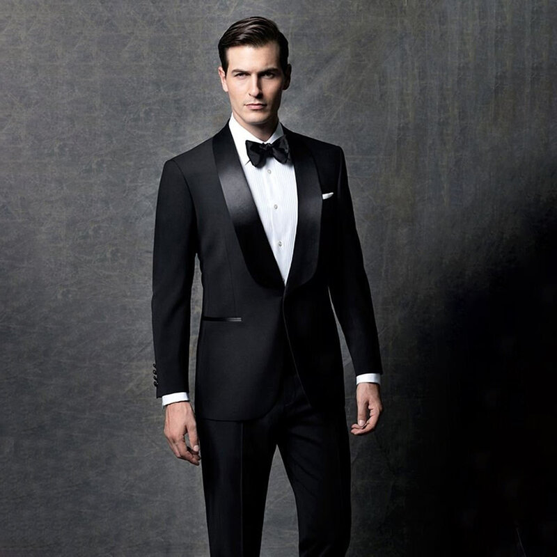 Eleganckie garnitury dla mężczyzn moda czarny szal klapy marynarka z jednym guzikiem formalne smoking biznesowy ślubne Slim 2 sztuki (kurtka + spodnie)
