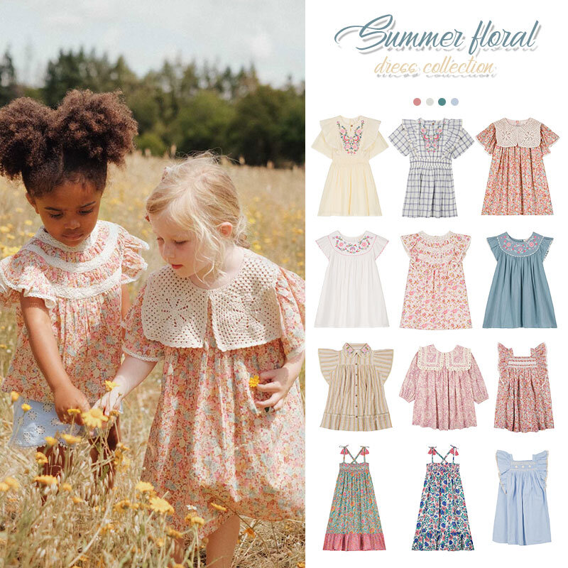 New LM 2024 SS Summer Collection Girls' Printed Floral Sleeveless Halter Dress  Casual Vacation Floral Lapel Lace Trim Dress