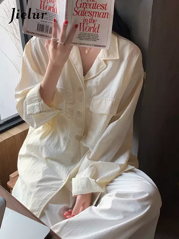 Jielur-노치 칼라 살구 셔츠 긴 소매, 봄/가을 한국 스타일 사무실 셔츠, 사무실, 숙녀 루즈한 캐주얼 블라우스