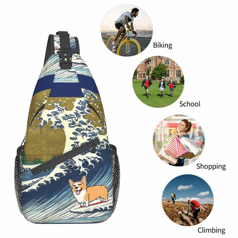 Corgi-Petit sac à bandoulière pour chien surfant la grande vague, sac à dos à bandoulière, sac de jour cool, initié à la poitrine, randonnée et voyage