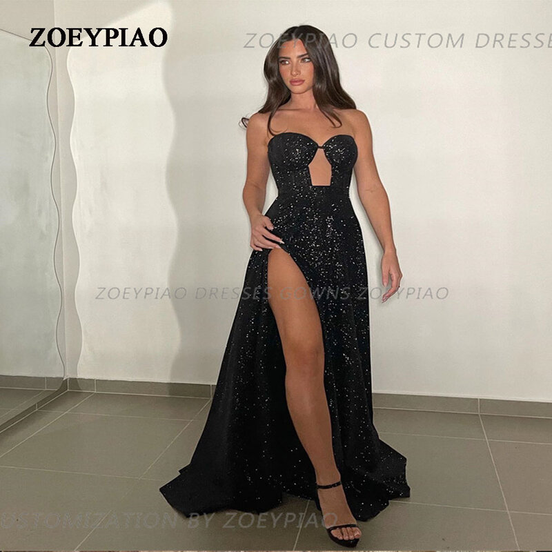 Black Shiny Sexy Sleeveless Prom Gown Sparkly A Line Formal Evening Gown Floor-Length A Line Custom Party Gorgeous Gowns Dresses