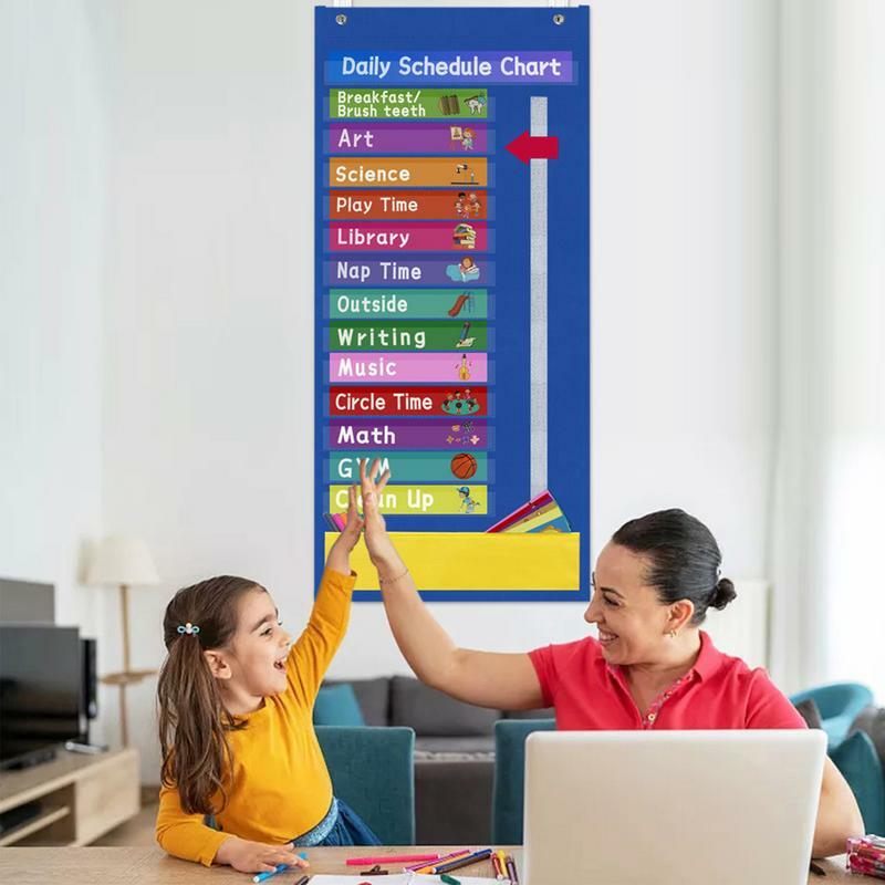 학교 사무실 가정용 일일 일정 포켓 차트, 파란색 수업 일정 포켓 교실 달력 교육 일정 차트