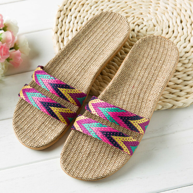 Home Indoor Slippers Open Toe Mixed Colors Women Beach Linen Shoes 2023 Summer Fashion All Match Comfortable Flat Slippers