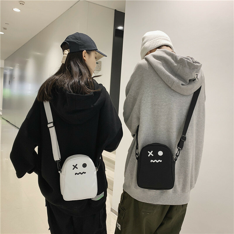 Schwarz Weiß Lustige Nette Geist Kawaii Frauen Leinwand Tasche Cartoon Harajuku Chic Ins Shopper Tasche Frauen Schulter Taschen Große Kapazität
