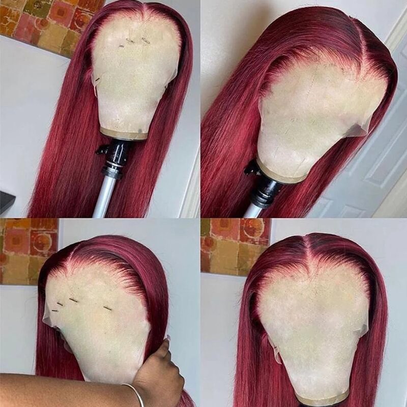 Perruque Lace Front Wig péruvienne naturelle, cheveux lisses, rouge bordeaux 99J, pre-plucked, HD transparent
