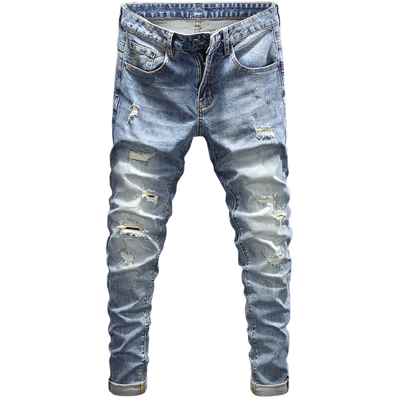 Koreanische Art Mode Männer Jeans Retro hellblau zerstört Loch zerrissene Jeans Männer elastische Slim Fit Vintage Designer Jeans hose