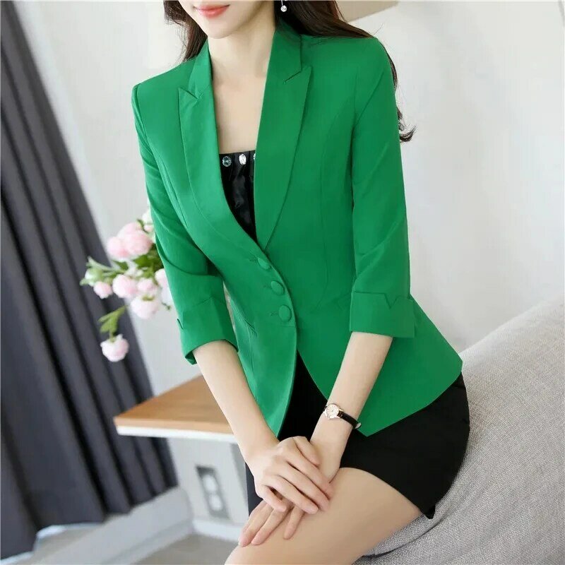 Mantel Blazer wanita Korea, Atasan pakaian luar, Blazer lengan tiga perempat, jaket kantor, santai, model Korea, musim semi, baru, 2024