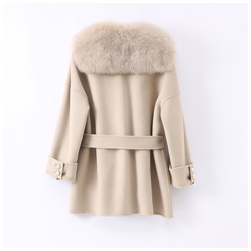 Pudi Women Winter Real Fox Fur Coat Jacket 2021 Ins Hot Lady Over Size Wool Blends Parka Trench Z20221