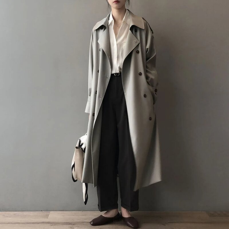 Gabardinas largas con cinturón para mujer, abrigo cortavientos coreano de doble botonadura, talla grande 80kg, color caqui, primavera y otoño