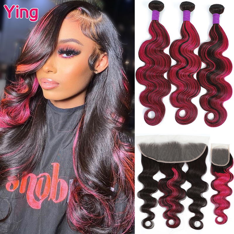 Highlight Pink Body Wave 3 Bundels Met 4X4 Sluiting 28 30 Inch Bundels Met Frontale 100% Remy Hair Weave Bundel Met Sluiting