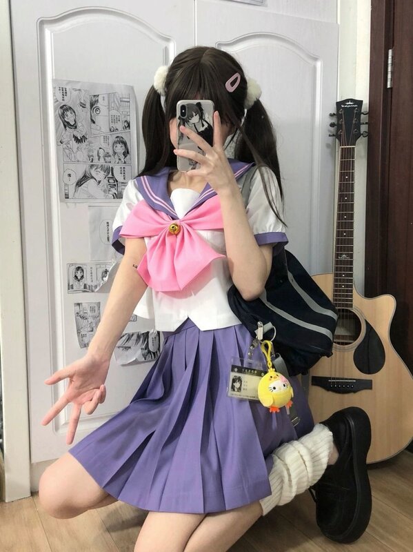 JK l Sailor زي موحد للفتيات ، بدلة تنورة مطوي ، قوس وردي ، على الطراز الياباني ، أصلي ، مقاس كبير