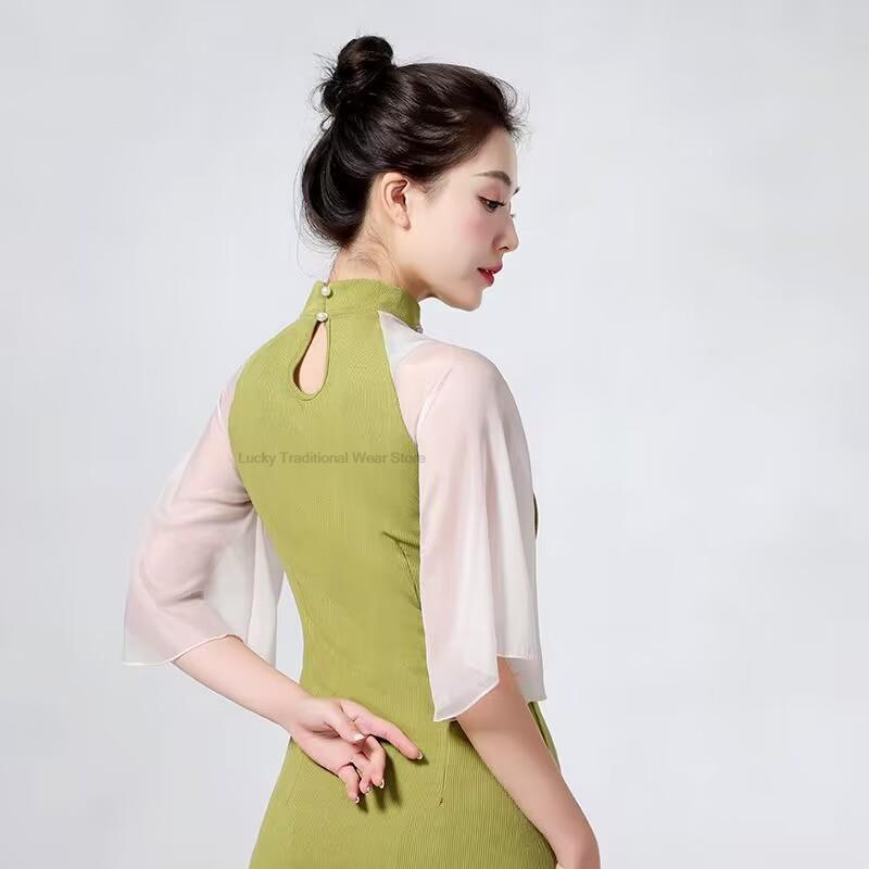 Женское платье-Ципао с высоким разрезом, шифоновое платье для китайских танцев