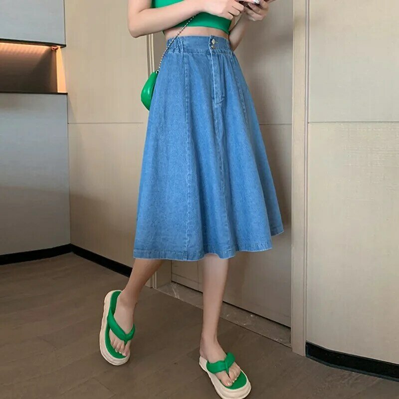 Женская Повседневная юбка с высокой талией, однотонная элегантная трапециевидная юбка из денима в Корейском стиле, модель W1715 на весну, 2024
