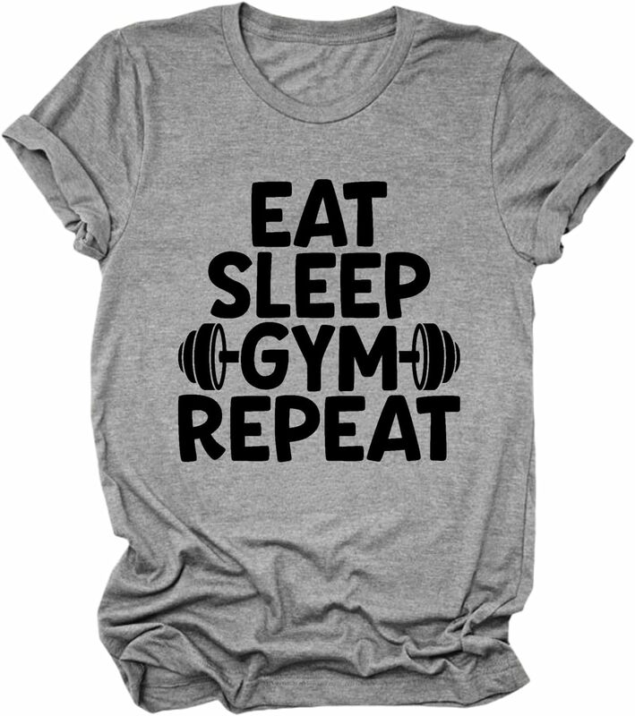 Camisa esportiva feminina, camiseta gráfica engraçada, comer dormir, repetir ginástica, manga curta