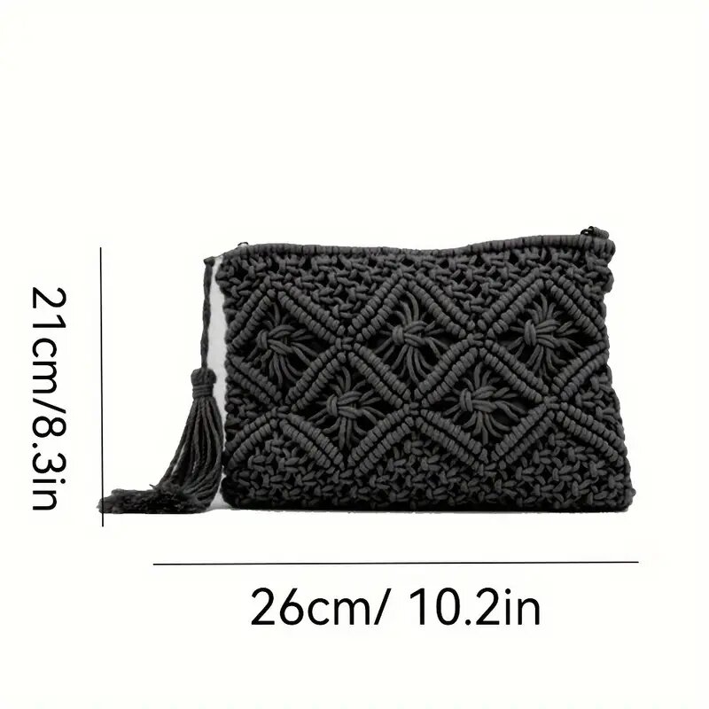 fashion rope woven clutch bag for women casual hollow out tassel clutch purses handmade summer beach bags 2024