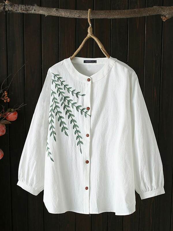 ZANZEA-Camisa de manga larga con botones para mujer, blusa bordada holgada de gran tamaño, Tops de cuello redondo a la moda, Túnica informal Lisa para mujer 2024