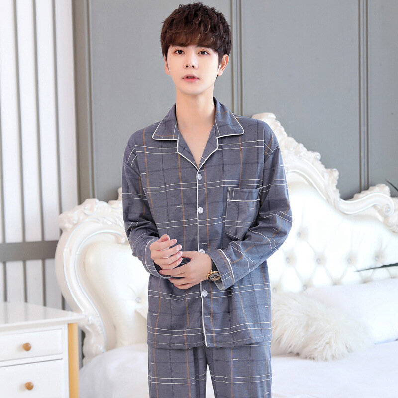 Conjunto de pijama de duas peças masculino, algodão imitado, manga comprida, extragrande, casual, confortável, roupa doméstica solta, primavera, outono