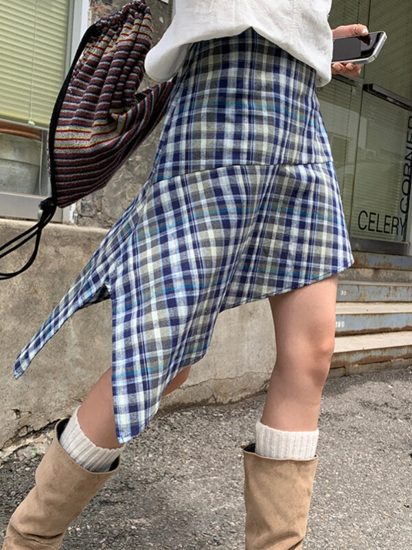 ADAgirl-Mini saia xadrez azul vintage para mulheres, design irregular, cintura alta, linha A, moda coreana feminina, roupas de verão, novas