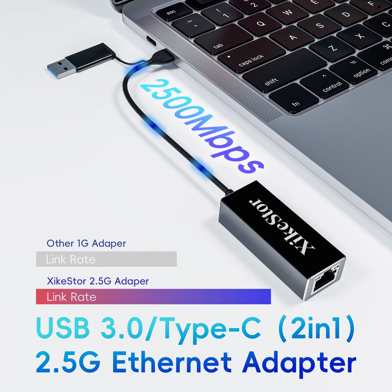XikeStor USB3.0&Type-C to 2.5G RJ45 Dual Interface External Network Card 2.5G Network Card Ethernet Converter 2500M