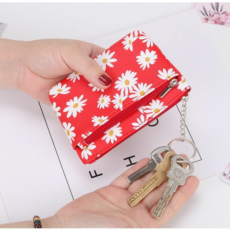 محفظة PU Daisy قصيرة محمولة للنساء ، حقيبة عملات معدنية ، سلسلة مفاتيح ، حامل بطاقات ، فتيات ، سحاب