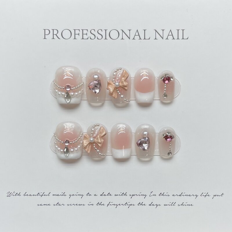 Pink Rouge Handmade Nails Press on Full Cover Manicuree Diamonds Pearl False Nails Wearable Artificial With Tool Kit