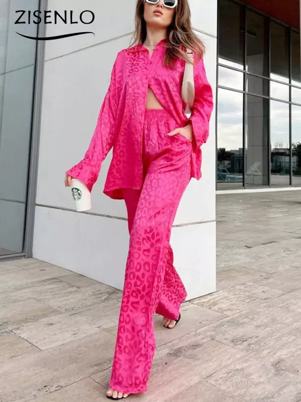 Completi da donna eleganti autunno New Leopard Print camicia a maniche lunghe e pantaloni larghi elastici in vita set per donna 2 pezzi Streetwear