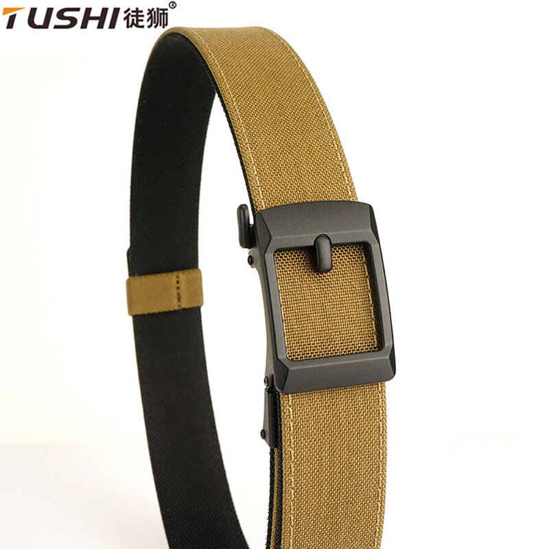 TUSHI-cinturón táctico de Metal con hebilla automática para hombre, cinturón militar duro de doble capa, grueso, para pistola colgante, para exteriores