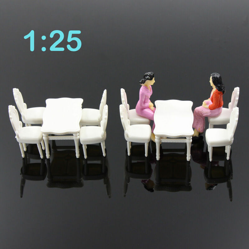 Evemodel-mesa de comedor rectangular blanca, juego de sillas, modelo G a escala 1:25, ZY03025, 2 juegos