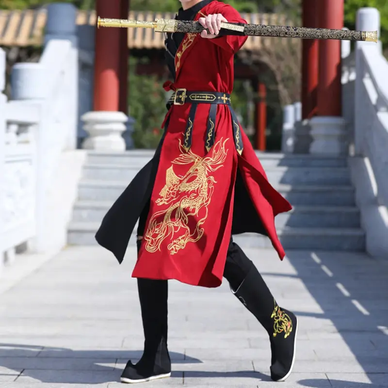 Gaun Cosplay gaya Cina pria, Hanfu bordir warna Hit naga Totem bordir sabuk kostum etnik tradisional