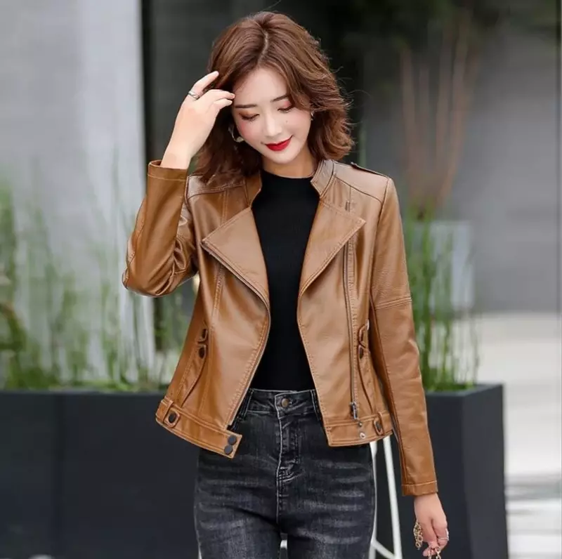 New Women Leather Jacket Spring 2023 Cool Fashion Moto&Biker Style Outerwear Stand Collar Short Leather PU Coat