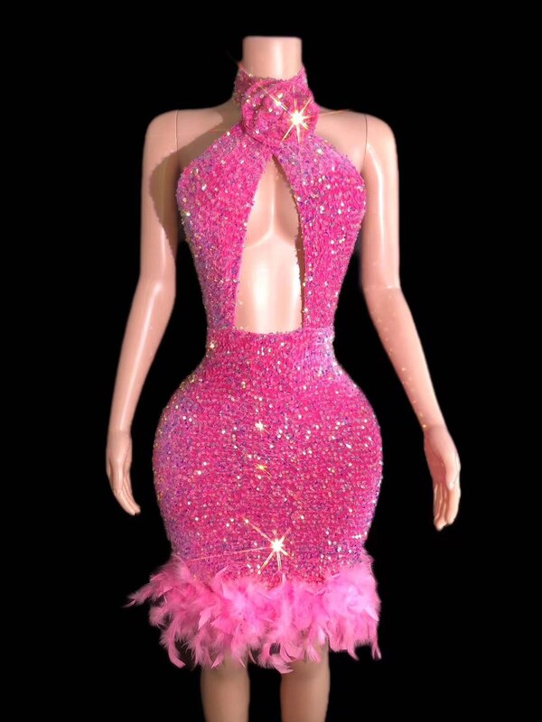 Sexy Pink paillettes Pink Feather Dresses Black Girl Mini Short Prom Dresses for Birthday Party Celebrate Cut-out Dress Fenqiangwei