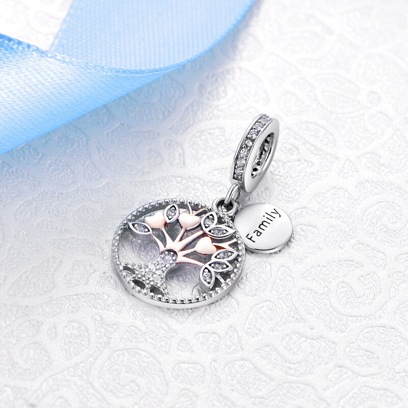 Oryginalna 925 srebrna zawieszka z koralikami z drzewa rodzinnego mama zawieszka z łańcuch bezpieczeństwa różowego złota dopasowane bransoletki Pandora biżuteria