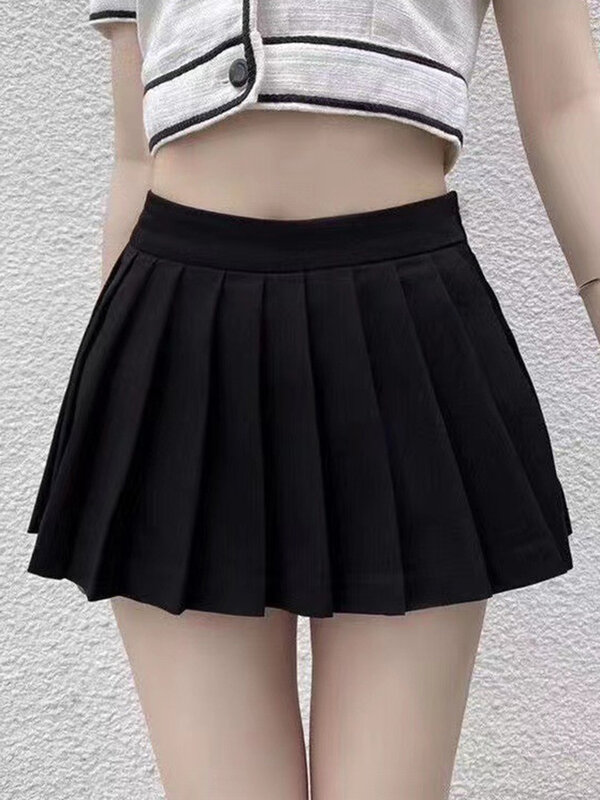 Saias plissadas curtas sem forro femininas, estilo estudantil, rua alta, preto sólido, moda mini, roupas de verão, harajuku