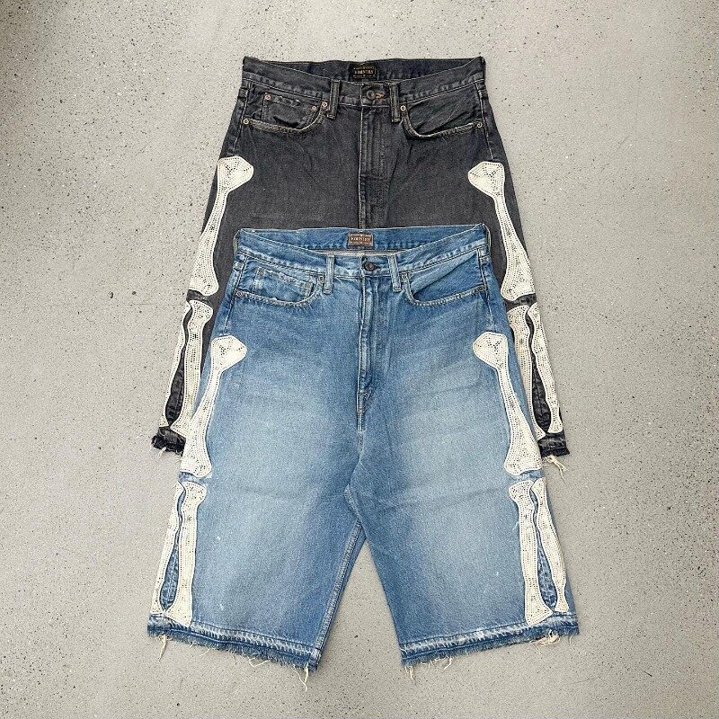 Streetwear New Fashion Bone ricamo pantaloncini di jeans larghi donna Y2K Harajuku Vintage Hip Hop Pop Gothic Casual pantaloncini a vita alta