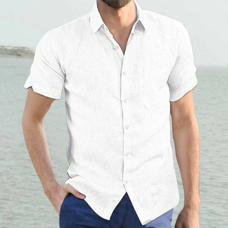 Camisa de gola virada de manga curta masculina com bolso, blusa casual solta masculina, tops monocromáticos, festa regular