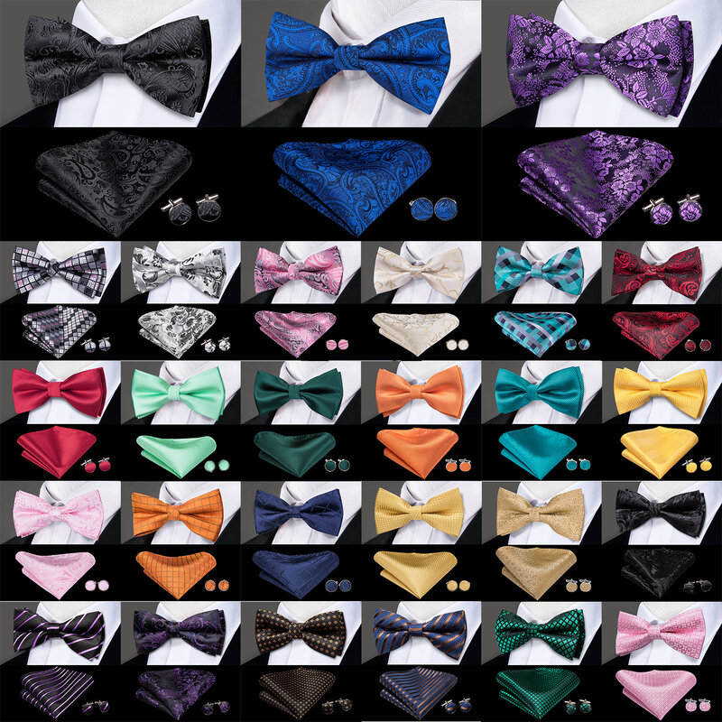 Hi-Tie-corbata de seda preatada para hombre, conjunto de gemelos, corbata de lazo, Jacquard, Cachemira sólida, Floral, boda, negocios