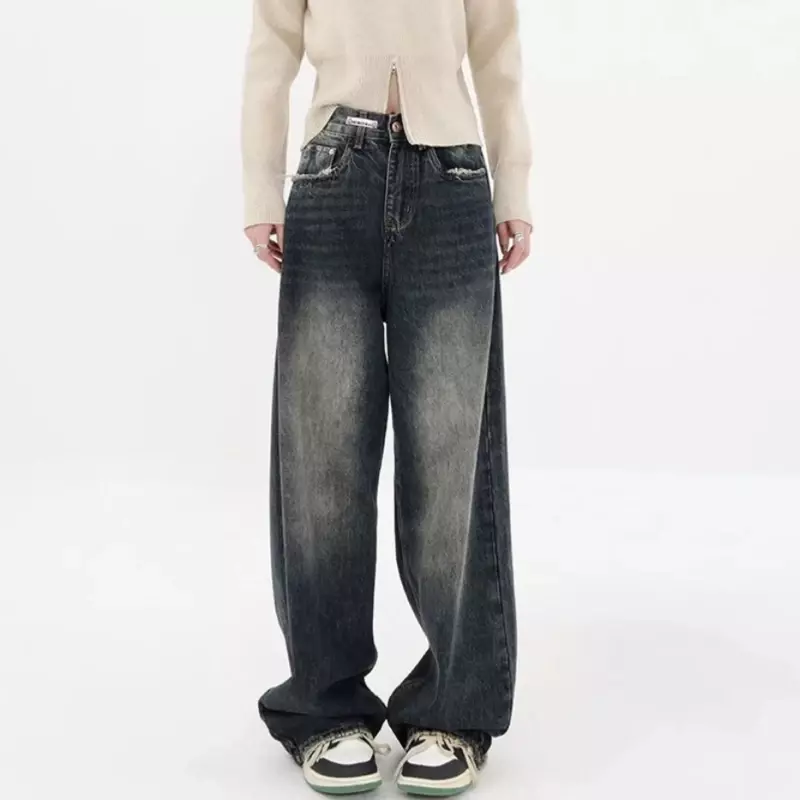 Джинсы женские с карманами с необработанными краями, прямые широкие брюки с эластичным поясом, Модные Винтажные стильные свободные в Корейском стиле для девушек