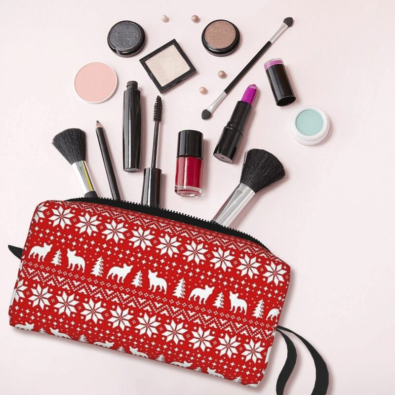 Bolsa de maquillaje con siluetas de Bulldog Francés para mujer, Kit de cosméticos, bolsa de aseo, estuche de lápices de viaje de belleza, vacaciones de Navidad