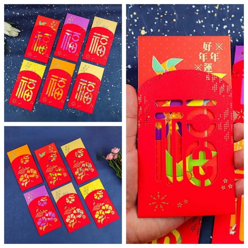 2Pcs/set Spring Festival Supplies Red Envelope Greeting Card Hollowed Out Luck Money Bag Bronzing Chinese Dragon Year