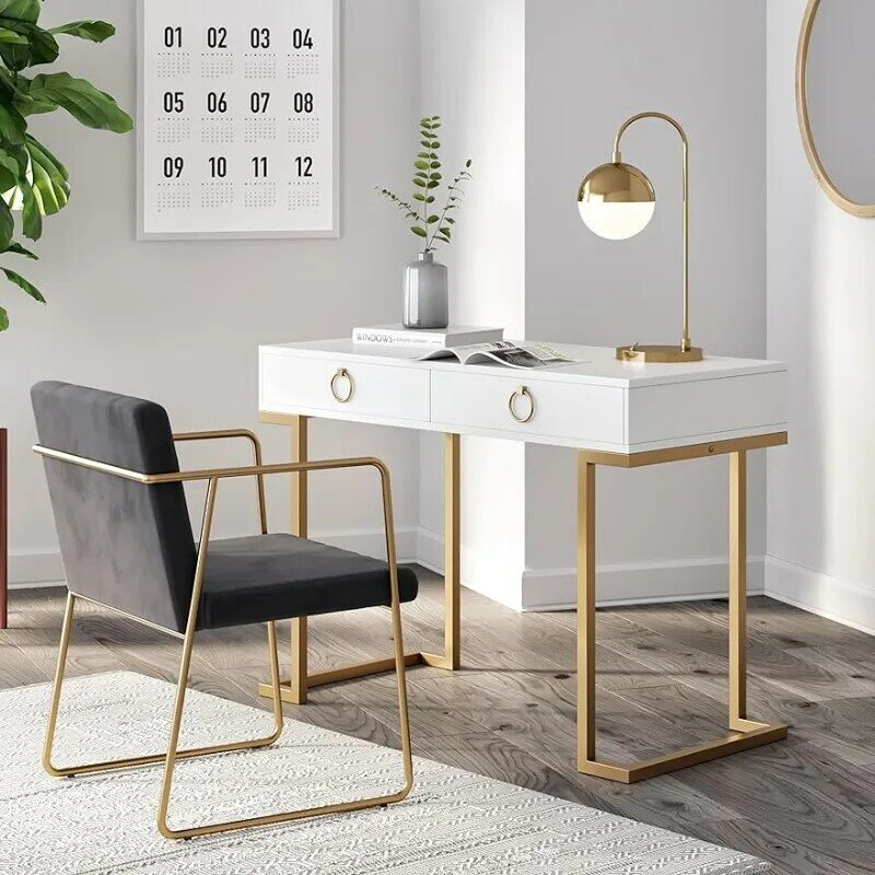 Nathan James Leighton Two-Drawer Writing Glam Accents Brass, Home Office Computer Desk or Vanity Table, 2, White/Gold, Small
