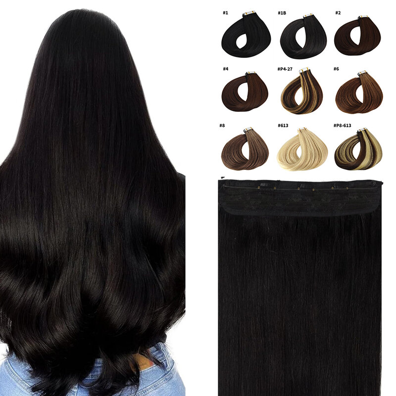 Proste przedłużanie włosów z drutu linka wędkarska klipsy w ludzkich włosach z niewidoczną tajną linią naturalna czarna #1 16-26 Cal 120g dla kobiet