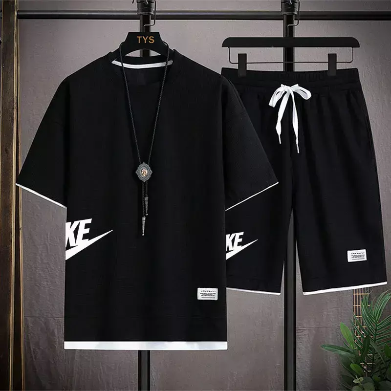 Summer Men's Waffle Sets Casual T-Shirt And Shorts Set Male Sports Suit Solid Color Tracksuit Loose Suits Size 3XL