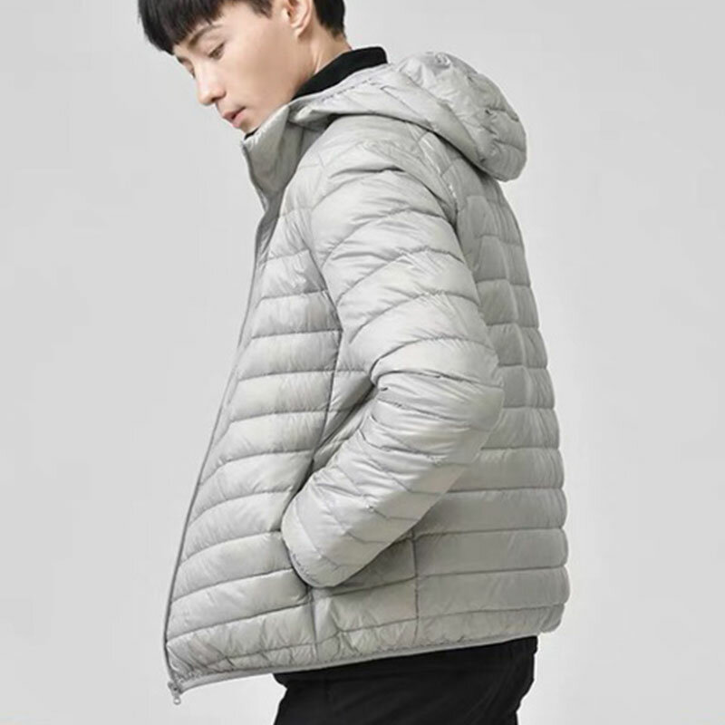 Jaket bertudung untuk pria, jaket sutra tahan angin ringan dan ramping, jaket pendek ultra-tipis musim gugur musim dingin untuk pria