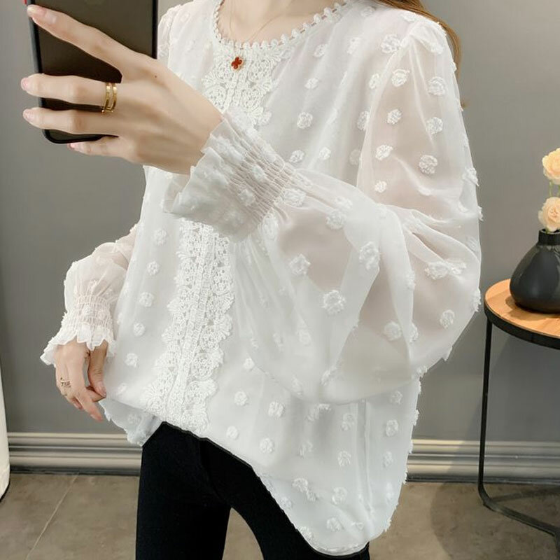 Кружевная белая шифоновая блузка с круглым вырезом и рукавами-фонариками в сказочном стиле свободная прозрачная блузка Милая женская тонкая с трехмерным принтом