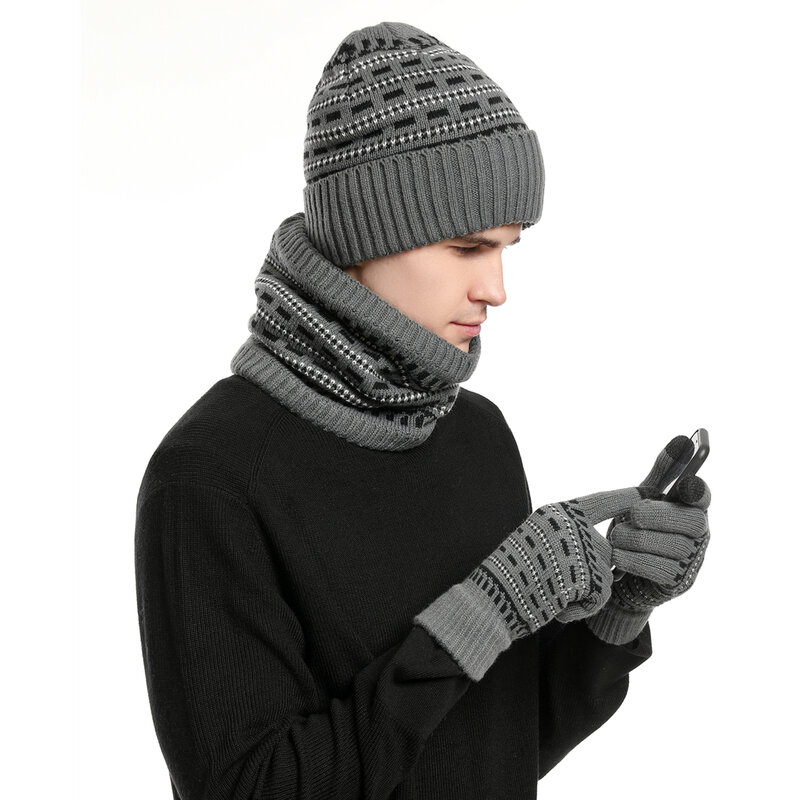 Мужской зимний теплый комплект унисекс, облегающая шапка с пальцами, перчатки, флисовый подкладочный шарф, Мужская шерстяная пряжа, вязаный глушитель, шея, гетры, шапка