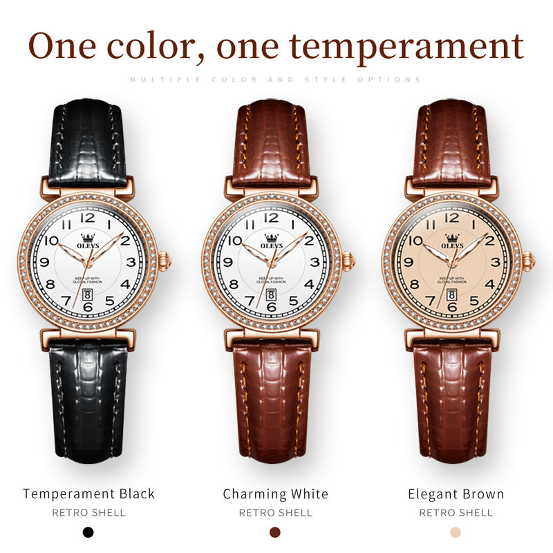 OLEVS Light Luxury Goods Women's Watches Digital Scale Leather Strap Quartz Watch for Lady Luminous Exquisite Female Wristwatch