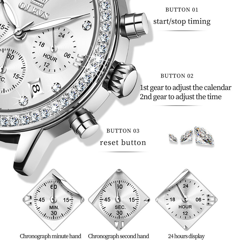 OLEVS Luxury Diamond Quarzt Watch Women Fashion cronografo in pelle orologi orologio impermeabile femminile Relogio Feminino da donna