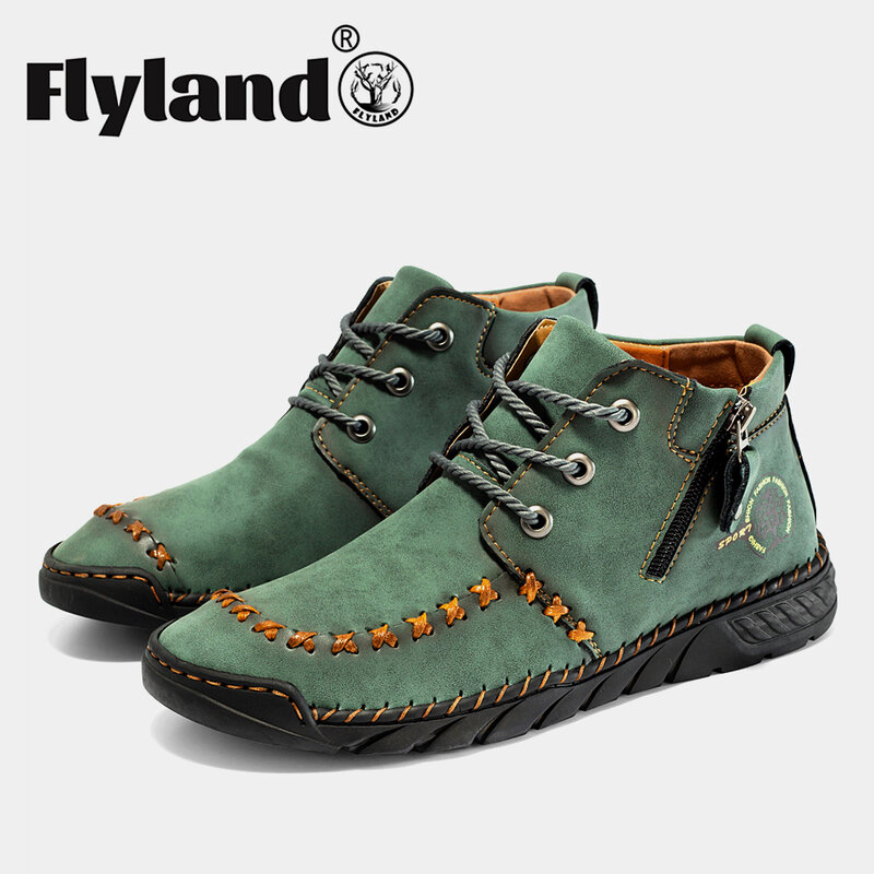 FLYLAND High Quality Handmade Mens Genuine Leather Casual Boots Breathable Walking Shoes Warm Boots Driving Shoes Plus Size 48