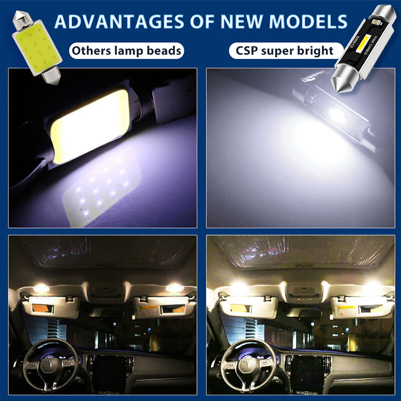 CSP LED super brilhante carro Dome luz, Auto interior lâmpada de leitura, festão, 31mm, 36mm, 39mm, 41mm, C5W, C10W, Canbus, nenhum erro, 2pcs